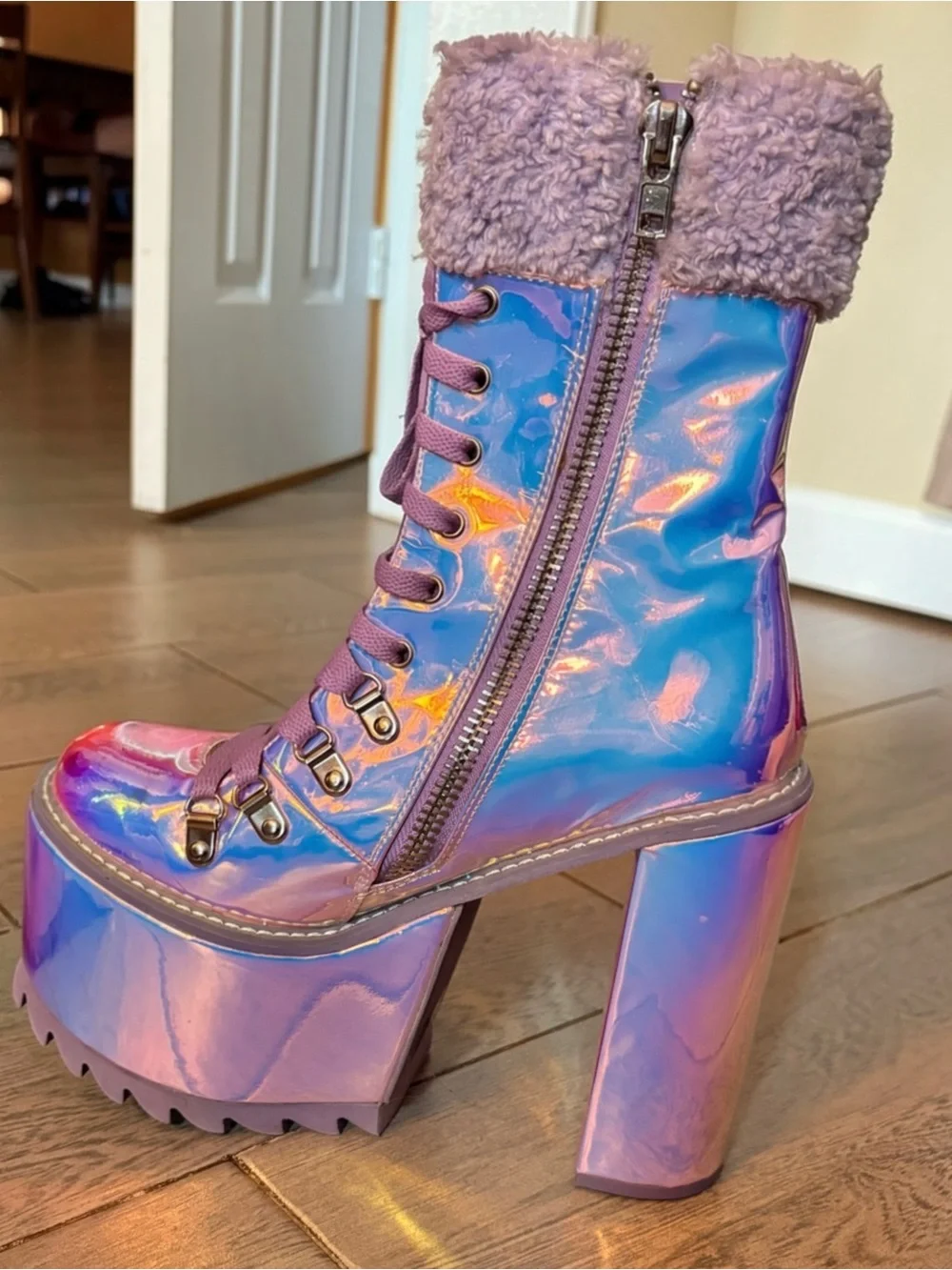 Club Exx Frosted Fairyland Platform Boots - Iridescent with Lavender Faux Fur